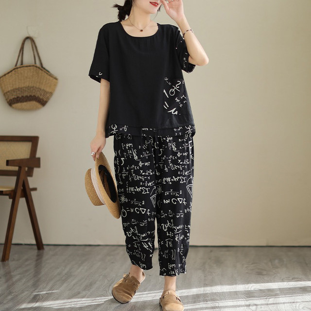 Large letter print cotton and linen drawstring short-sleeved T-shirt casual two-piece set nine-point harem pants fashion suit summer