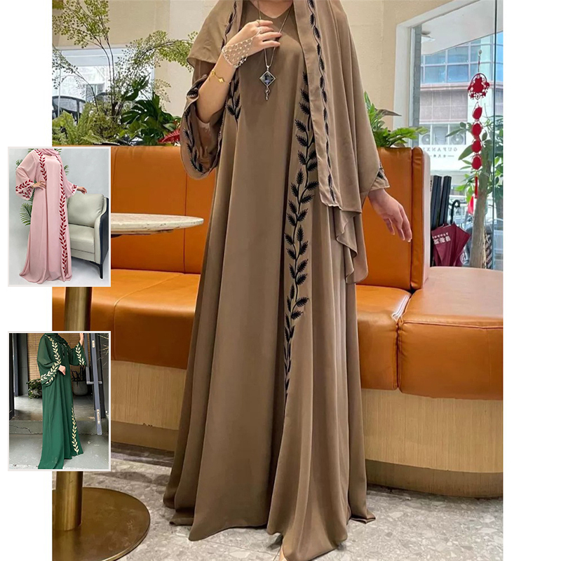 Retro Literary and Artistic Fashion Chiffon Embroidered Long Dress Plus Size Women's Early Autumn Holiday Robe with Headscarf Skirt