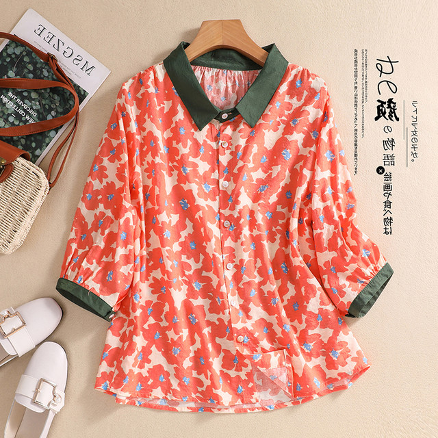 Fat mm age-reducing printed cotton and linen shirt summer plus size women's three-quarter sleeve color matching lapel all-match linen floral top