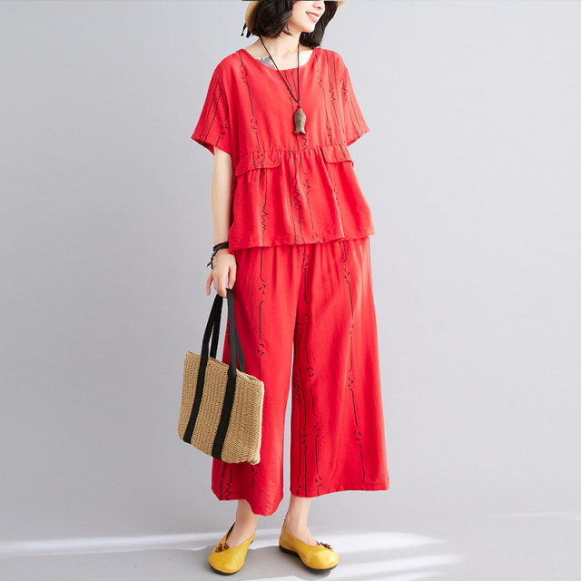 Cotton and linen vertical stripes fashion suit short-sleeved T-shirt elastic waist nine-point wide-leg pants large size women's two-piece summer