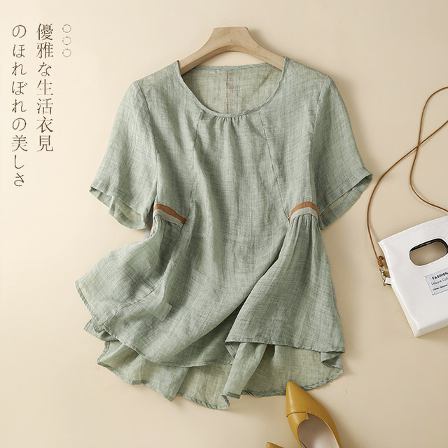 Color patch splicing cotton and linen irregular T-shirt summer plus size women's round neck cover belly casual short-sleeved top