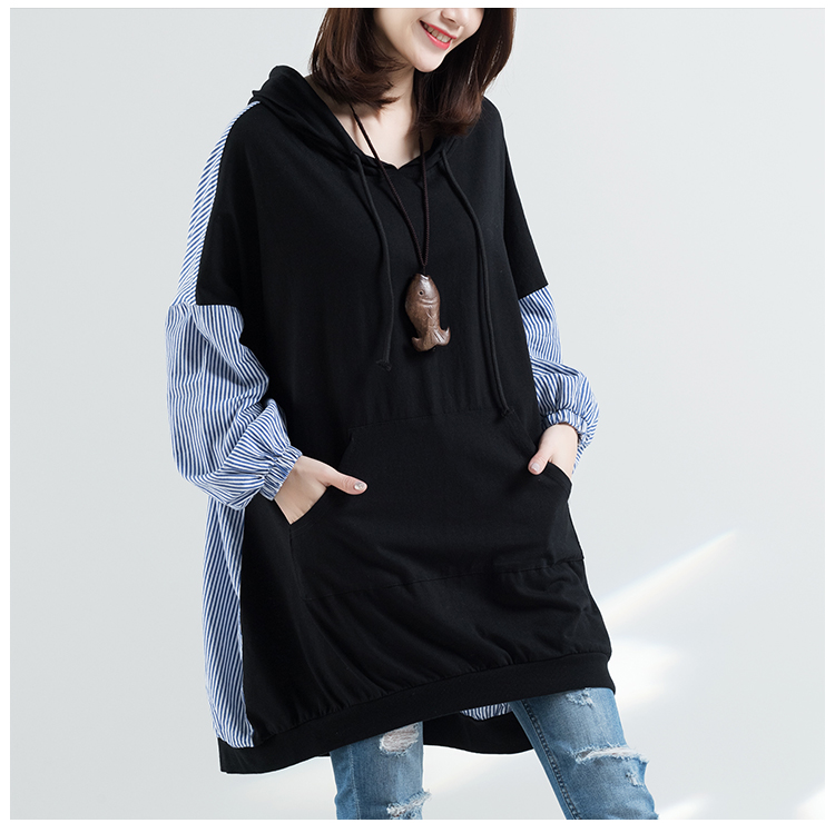 Large-code của phụ nữ đầu mùa xuân / mùa hè trang phục mới văn học sọc khâu loose-fitting dây trùm đầu đội mũ trùm đầu dài tay gác đội mũ trùm đầu