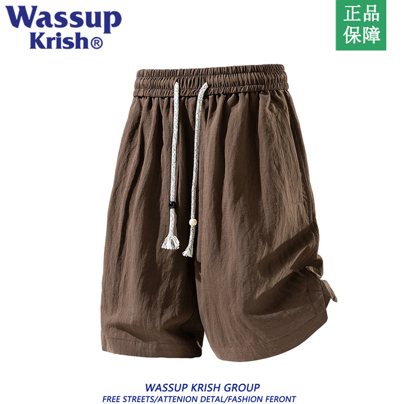 Wassup Krish Old Money Style Linen Coffee-Colored Shorts Men's Retro Trendy Brand Loose Summer Casual Five-Point Shorts