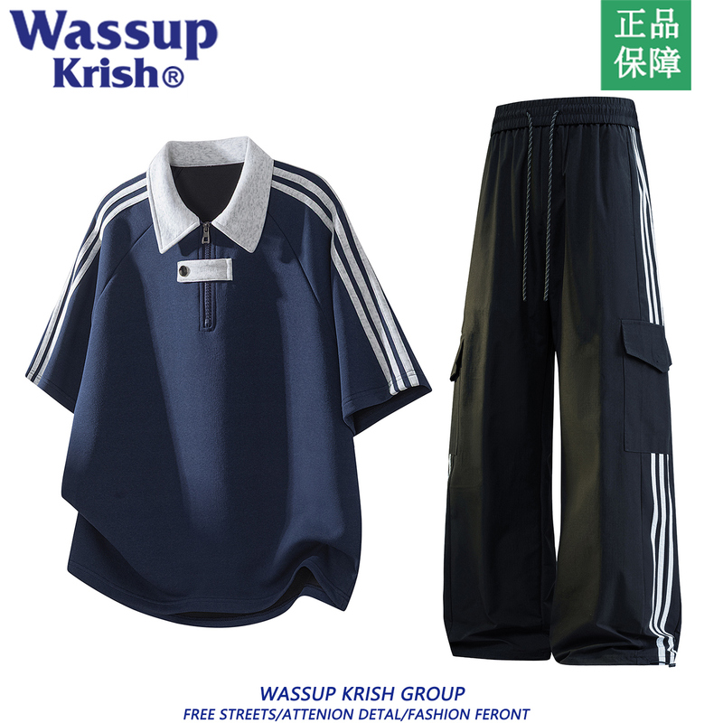 Wassup Krish Striped Color-Block Casual Suit for Men, Summer American-Style Short-Sleeve Polo Shirt and Pants, Sporty Outfit