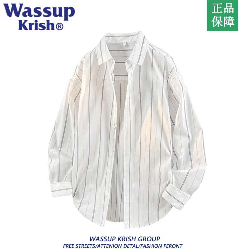 Wassup Krish Shirt Men's Spring and Autumn New Casual Trendy Loose Long-Sleeved Striped Lapel White Shirt