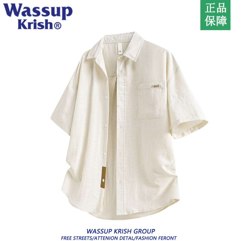 Wassup Krish Linen Breathable Short-Sleeved Shirt Men's Thin Cool Casual Summer Loose Embroidered Shirt