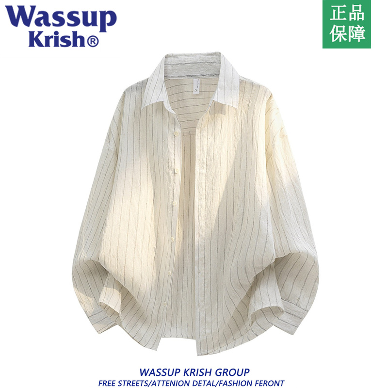 Wassup Krish Vertical Striped Long-Sleeved Shirt for Men, New Summer Style, Breathable, Lightweight, Loose-Fitting, Sun-Protective Linen for Women