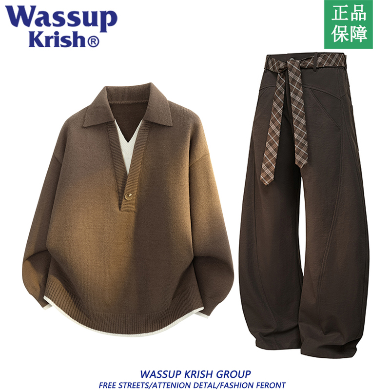 Wassup Krish Fake Two-Piece Knitwear Set for Men, New Autumn Sweater and Pants, Retro Casual Two-Piece Set