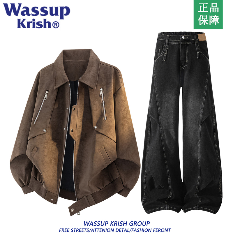 Wassup Krish Maillard Retro Leather Suit Men's Autumn High-End Jacket and Jeans Two-Piece Set