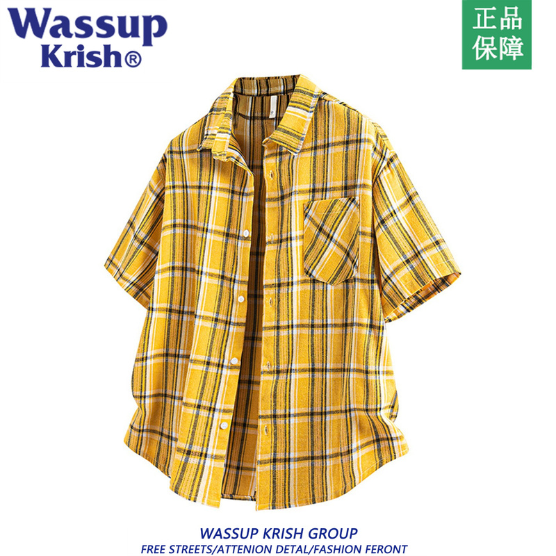 Wassup Krish Yellow Plaid Short-Sleeved Shirt Men's 2025 Summer Trendyy Retro Style Casual Shirt Wassup Krish Yellow Plaid Short-Sleeved Shirt Men's 2025 Summer Trendyy Retro Style Casual Shirt