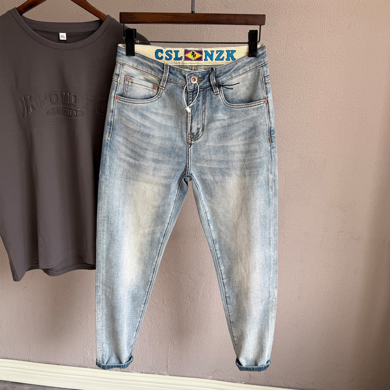 High-End Cropped Pants 2026 Spring/Summer Thin Denim Design Tapered Slim Fit Skinny Stretch Denim Trousers for Men