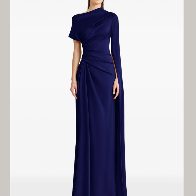 Evening Dress 2026 New Style Light Luxury Elegant Dark Blue Asymmetrical One-Shoulder Female Host Banquet Textured Long Dress Evening Dress 2026 New Style Light Luxury Elegant Dark Blue Asymmetrical One-Shoulder Female Host Banquet Textured Long Dress