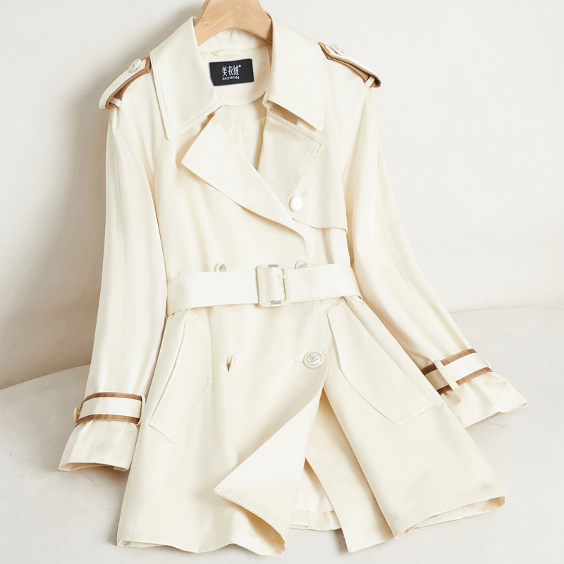 White Designer Trench Coat for Women, Mid-Length, Korean Style, Petite, Double-Breasted, 2025 New Spring and Autumn Coat