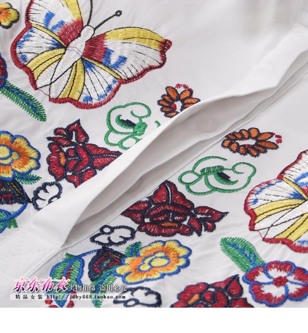 Mùa xuân và mùa thu mới Han Fan nữ thêu bướm trong phần dài POLO cổ áo sơ mi béo mm cỡ lớn là áo mỏng tay áo bảy điểm sơ mi trắng nữ