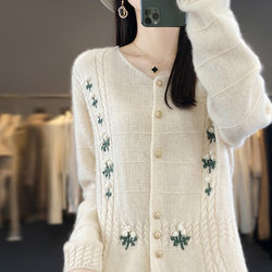 100%pure cashmere cardigan female round neck heavy worker embroidered hook flower sweater jacket loose temperament wool knitted jacket