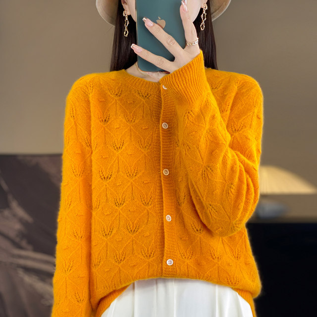 cardigan cashmere ບໍລິສຸດ 100% ສໍາລັບແມ່ຍິງຄໍຮອບ hollow jacquard ແຂນຍາວ knitted jacket sweater ວ່າງຂົນນອກເທິງ