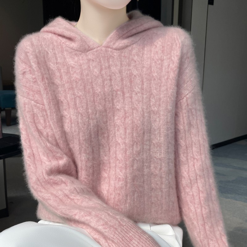 Hooded Cable-Knit 100% Pure Wool Sweater for Women, Thick Loose Lazy Style Knitted Hoodie, Cashmere Sweater Top