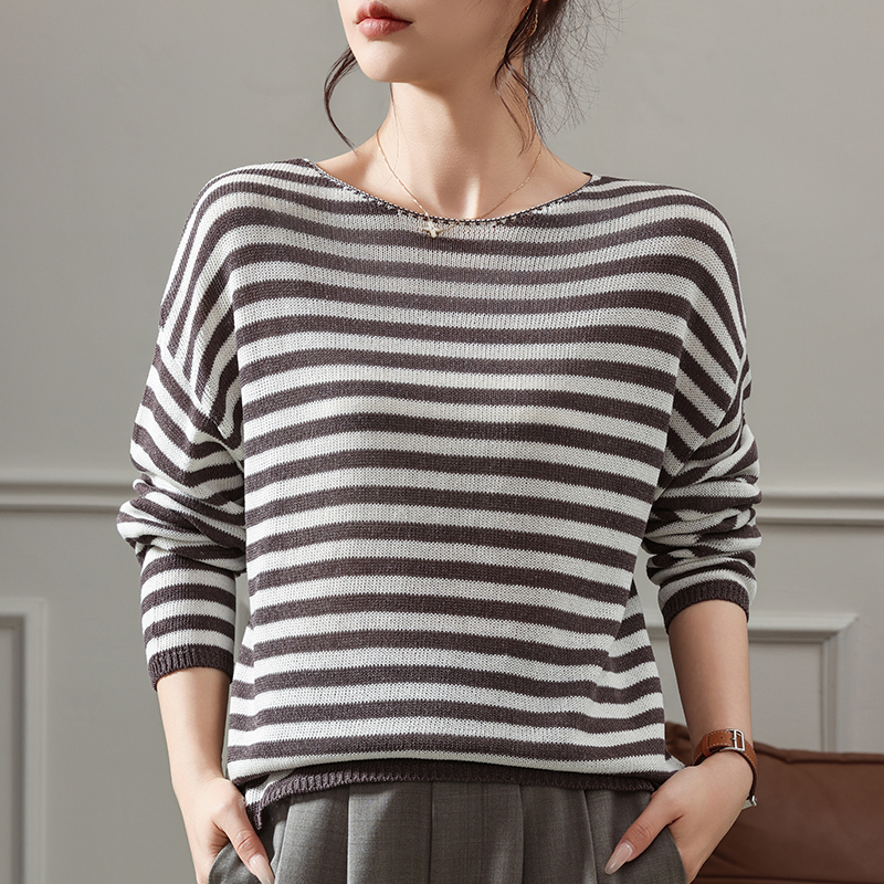 Casual Style Striped Lyocell Linen Knit Sweater for Women, Rolled Edge Round Neck, Striped Color-Blocking Long-Sleeve Sweater, Loose Fit Base Layer