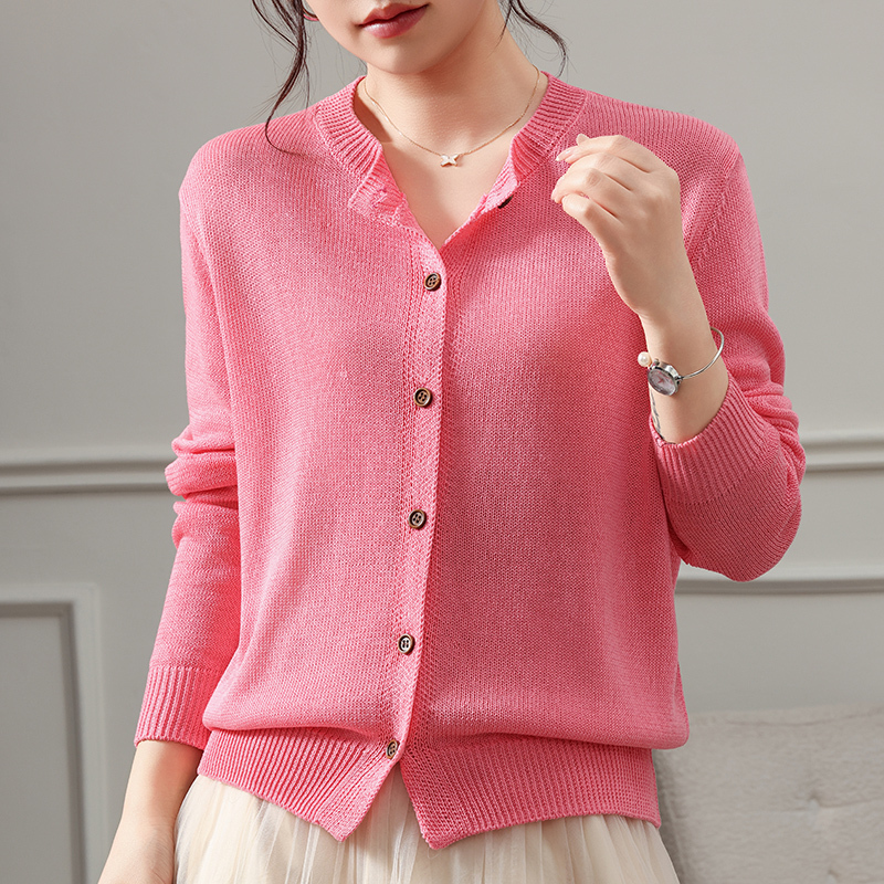 High-End Lyocell Tencel Linen Knitted Cardigan for Women, Round Neck, Solid Color, Long-Sleeved Sweater, Loose Casual Jacket