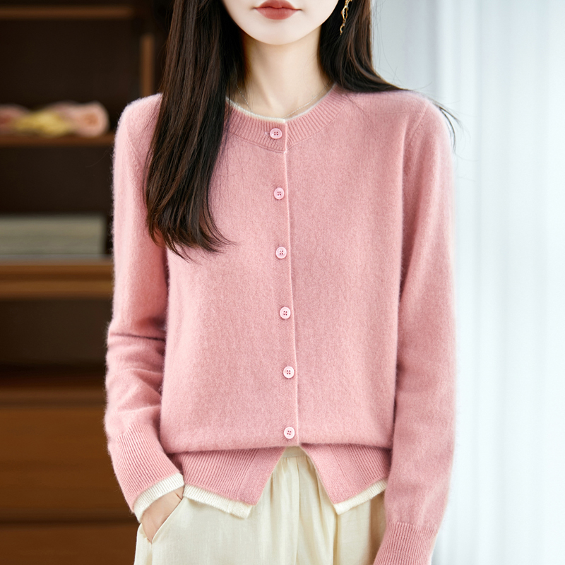 100% Pure Wool Fake Two-Piece Cardigan for Women, Round Neck, Color-Blocked Knitted Long-Sleeved Sweater, Loose Casual Cashmere Sweater Jacket