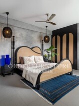 French solid wood bed black rattan double bed Roman columns modern simple carved pattern and distressed 1 8 meter Nordic large bed