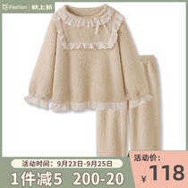 Oolong milk bubble] Japanese retro sweet coral velvet pajamas womens autumn and winter thickened plus velvet home suit