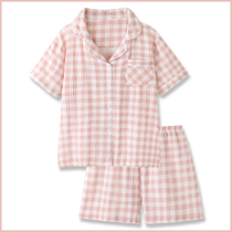 Unprinted Wind Japanese simple and fresh plaid cotton gauze pajamas women Summer Shorts student home clothes women