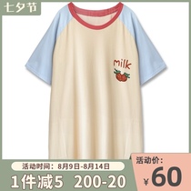 Girls heart explodes Japanese sweet little fresh strawberry pure cotton night dress female summer student short-sleeved loose pajamas