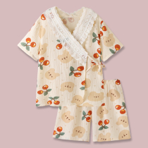 Girl heart burst Japanese cute Cherry Bear kimono cotton gauze pajamas women Summer Shorts home clothes