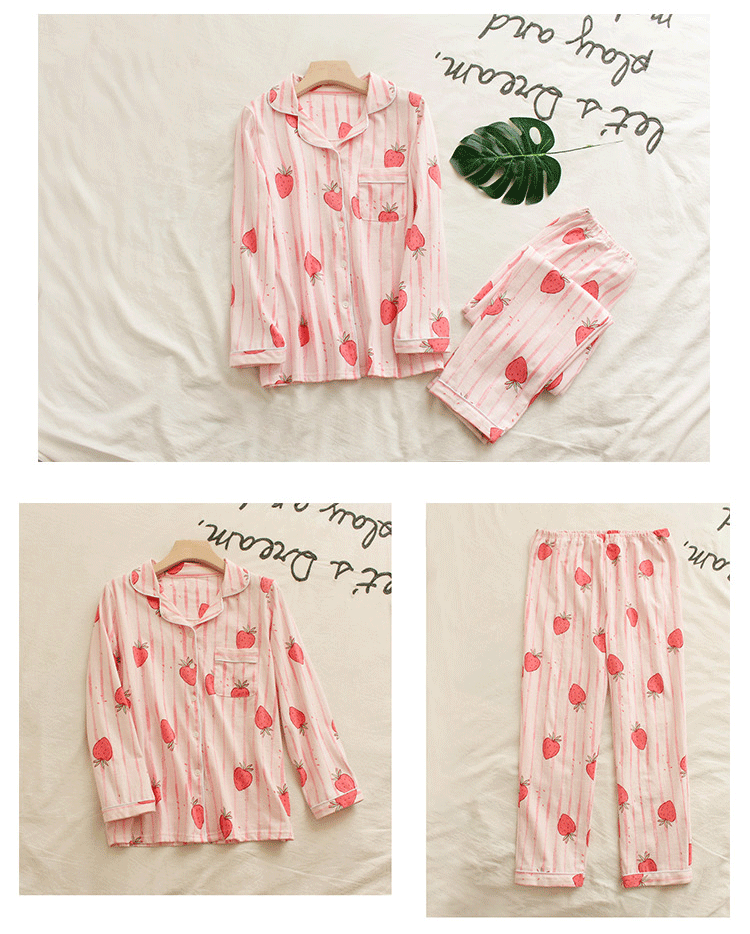 Giới hạn mua trong 2 ngày! Đồ ngủ nữ Cotton dài tay Mới Hàn Quốc Ngọt tráng miệng Kích thước lớn Dâu tây mùa thu bộ mặc nhà