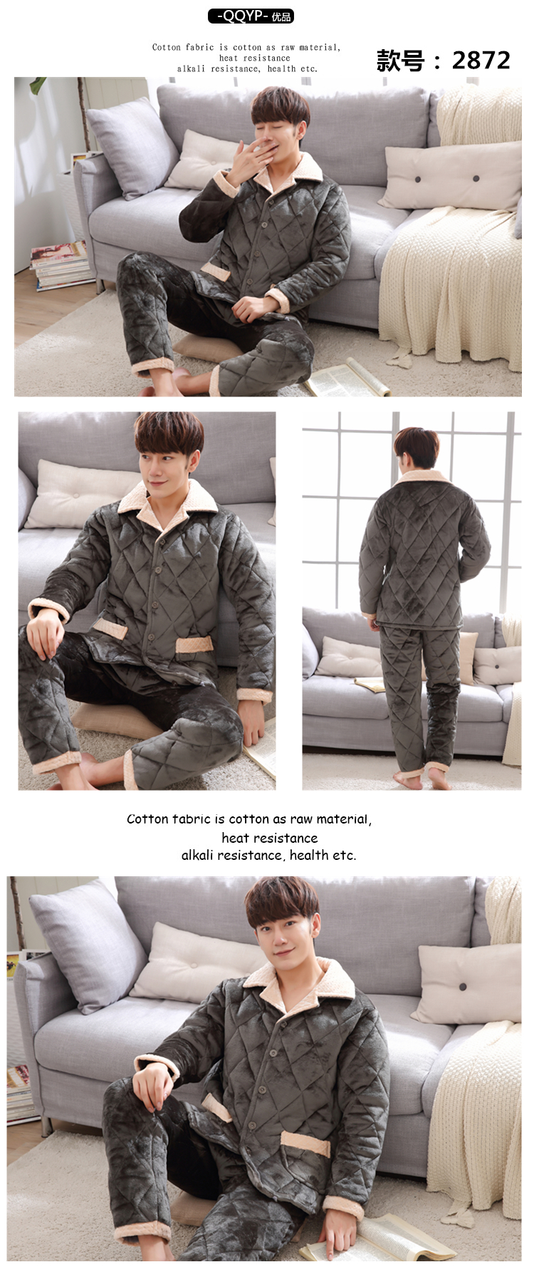 Mùa đông nam ba lớp dày san hô lông cừu quilted đồ ngủ flannel nam cộng với nhung ấm áo khoác cotton phù hợp với dịch vụ nhà pijama nam cotton