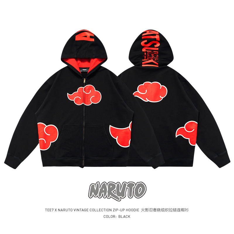 Tee7-Naruto Akatsuki Red Cloud Cloak Washed Distressed Worn Battle-Damaged Pure Cotton Sweatshirt Zipper Hoodie Tee7-Naruto Akatsuki Red Cloud Cloak Washed Distressed Worn Battle-Damaged Pure Cotton Sweatshirt Zipper Hoodie