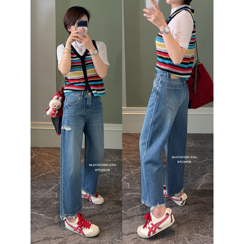 Slimming Ripped Straight-Leg Jeans Da Jia'Er Denim Pants 2026 Spring New Style Non-Stretch Regular Blue B9162