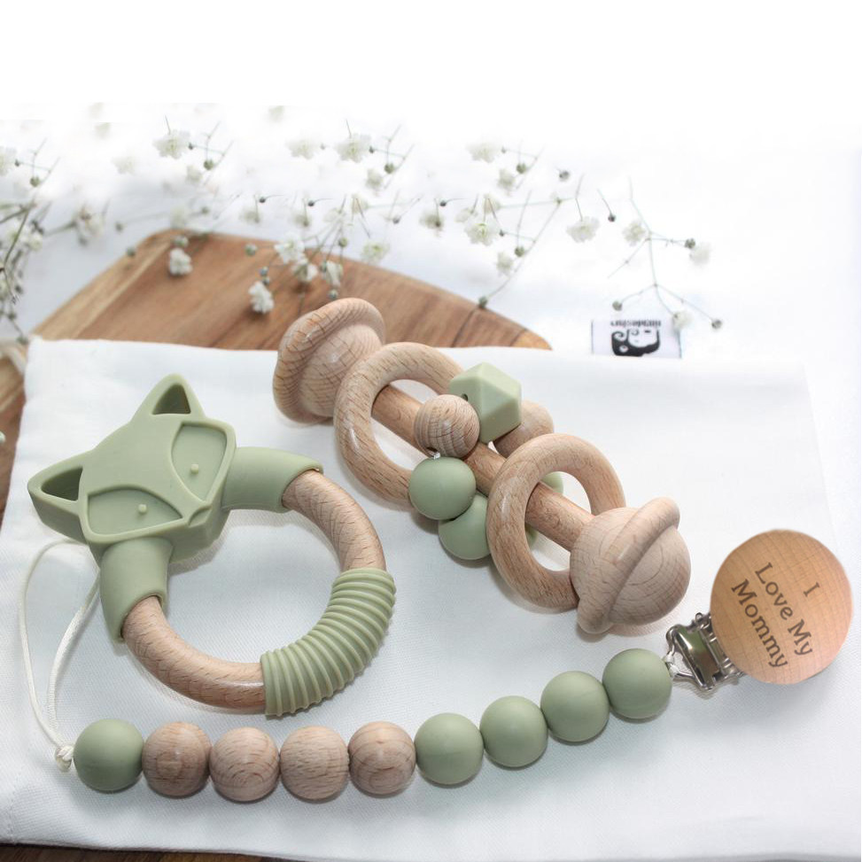 Baby pacifier anti-drop chain fox tooth fixer wooden planet molar stick rattle set three-piece set of food-grade silicone