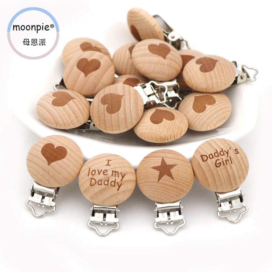 Laser Customized Beech Wood Pacifier High Quality Outlet Environmentally-friendly Baby Pacifier Chain Accessories Loving Pentagram