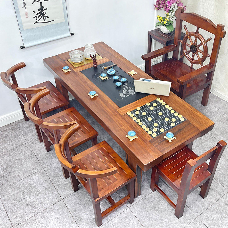 Old ship wood tea table solid wood tea table and chairs combined new Chinese meditation kung fu office tea tea tea set of tea set integrated-Taobao