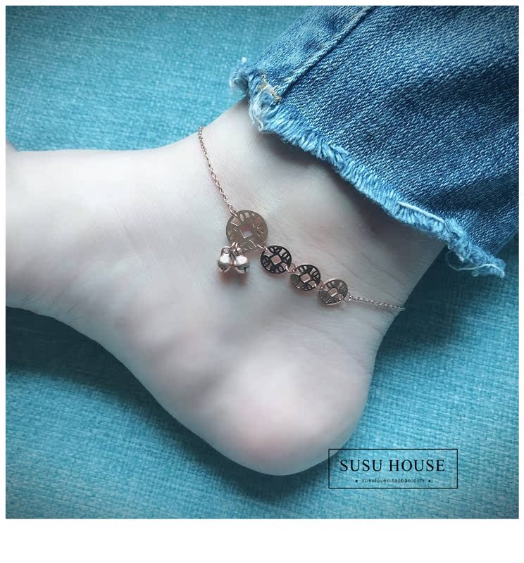 Hàn Quốc Lucky thép tiền vận chuyển titan chuông vòng chân triều hoa hồng vàng không gây dị ứng nữ đơn giản vàng gói 14k lắc chân nữ phong thủy