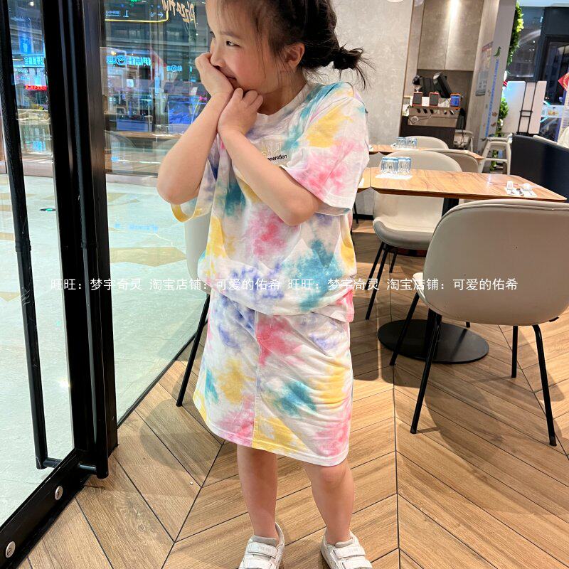 Day Single Tide Girls Summer Alphabet Logo Gradual Layer color Short sleeves Half body dress Children's baby suit Zdyeing the wind