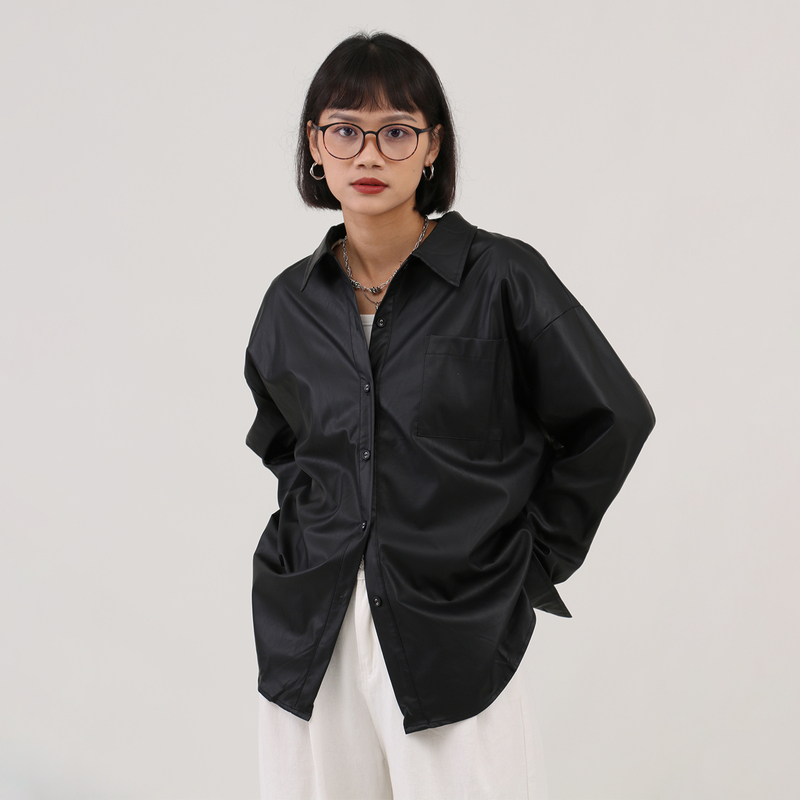 Bubu Pu Leather Retro Black Long-Sleeved Shirt 2026 Spring New Hong Kong Style Loose Slimming Shirt Thin Jacket
