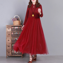 Clothes all gaggle art retro disc buckle splicing lace bottom medium long style dress with dress autumn and winter new long sleeve woman