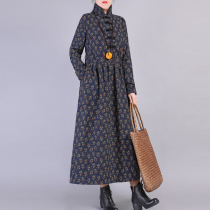 Clothes all gaggle winter dress Womens stand cotton linen retro disc buckle small crumpled with velvety and loose elastic waist for long section of dress