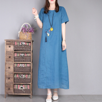 Clothes all Gagger Summer New female short sleeves Art retro high-end pure Hemp Embroidered Embroidered slim and medium long dress