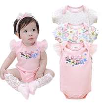 Baby girl cotton net gauze ha 3-piece short sleeve printed jumpsuit baby Summer Triangle Shirt