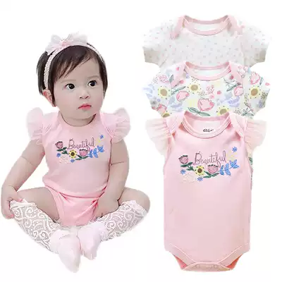 Baby girl cotton net gauze ha 3-piece short sleeve printed jumpsuit baby Summer Triangle Shirt