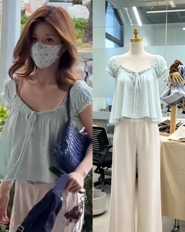 Zhao Lusi Thailand Style Drawstring Ruched Neckline Tie Short-Sleeve T-Shirt for Women, French Puff Sleeve Sweet Top
