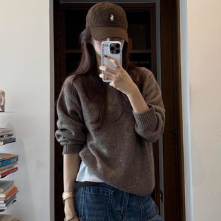 极简主义 燕麦/灰白无缝一体牦牛绒圆领毛衣女秋冬经典百搭上衣