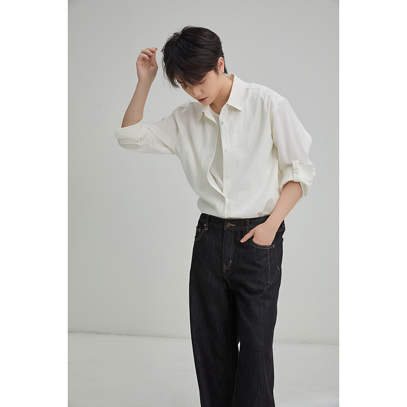 Hisher Coming-Out Style Petite Unisex Mid-Length White Silk Adjustable Sleeve Cuffs Lazy Style Wrinkle-Resistant Long-Sleeve Shirt