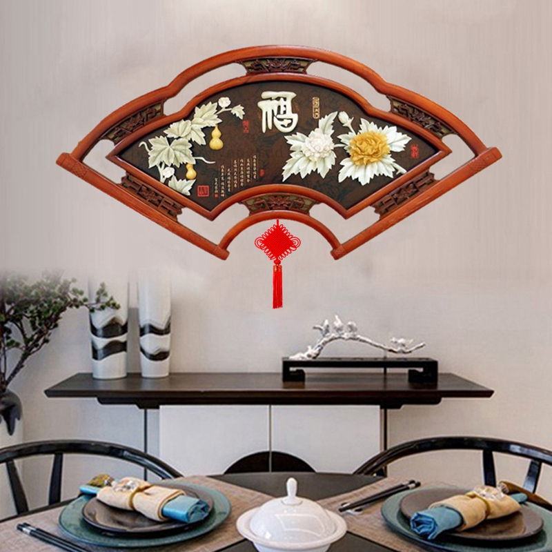 Dongyang jade carving decorative painting wood carving Chinese pendant jade fan mural living room solid wood three-dimensional modern porch painting