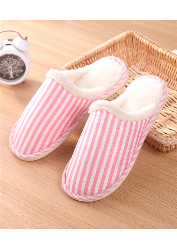 Dép cotton dày mùa đông Trang chủ tối giản sọc đôi dép trong nhà cộng với nhung dày dưới ấm áp nam và nữ dép dép xuồng đế cao