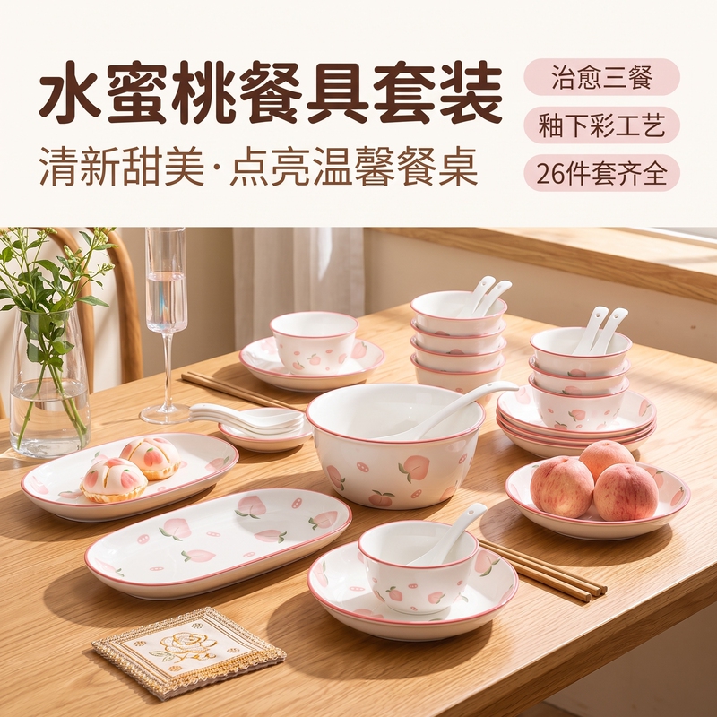 Internet-Famous Peach Bowl and Plate Set, Japanese-Style Household Ceramic Tableware, Bowl and Plate, Noodle Bowl, Soup Bowl, Couple Bowl and Chopsticks Set